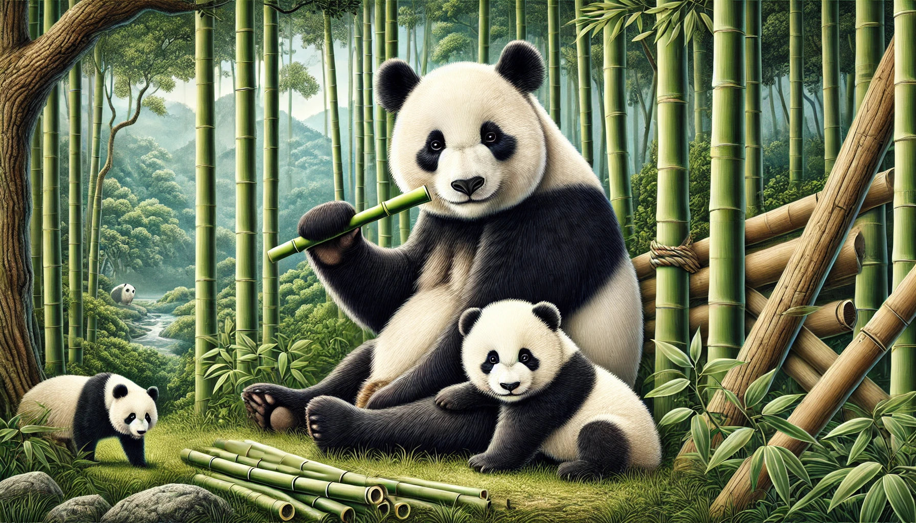 A detailed and charming scene featuring giant pandas in their natural bamboo forest habitat. The image shows a mother panda with her cub sitting and eating bamboo, surrounded by lush green bamboo stalks and dense vegetation. 
