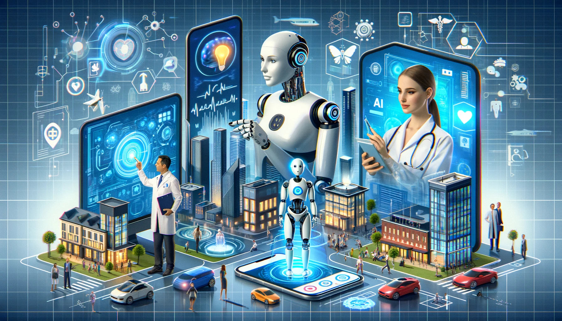 a futuristic scene with various AI technologies: a humanoid robot interacting with a virtual assistant on a screen, a healthcare professional using an AI diagnostic tool, and a creative artist using an AI tool to create digital art. 