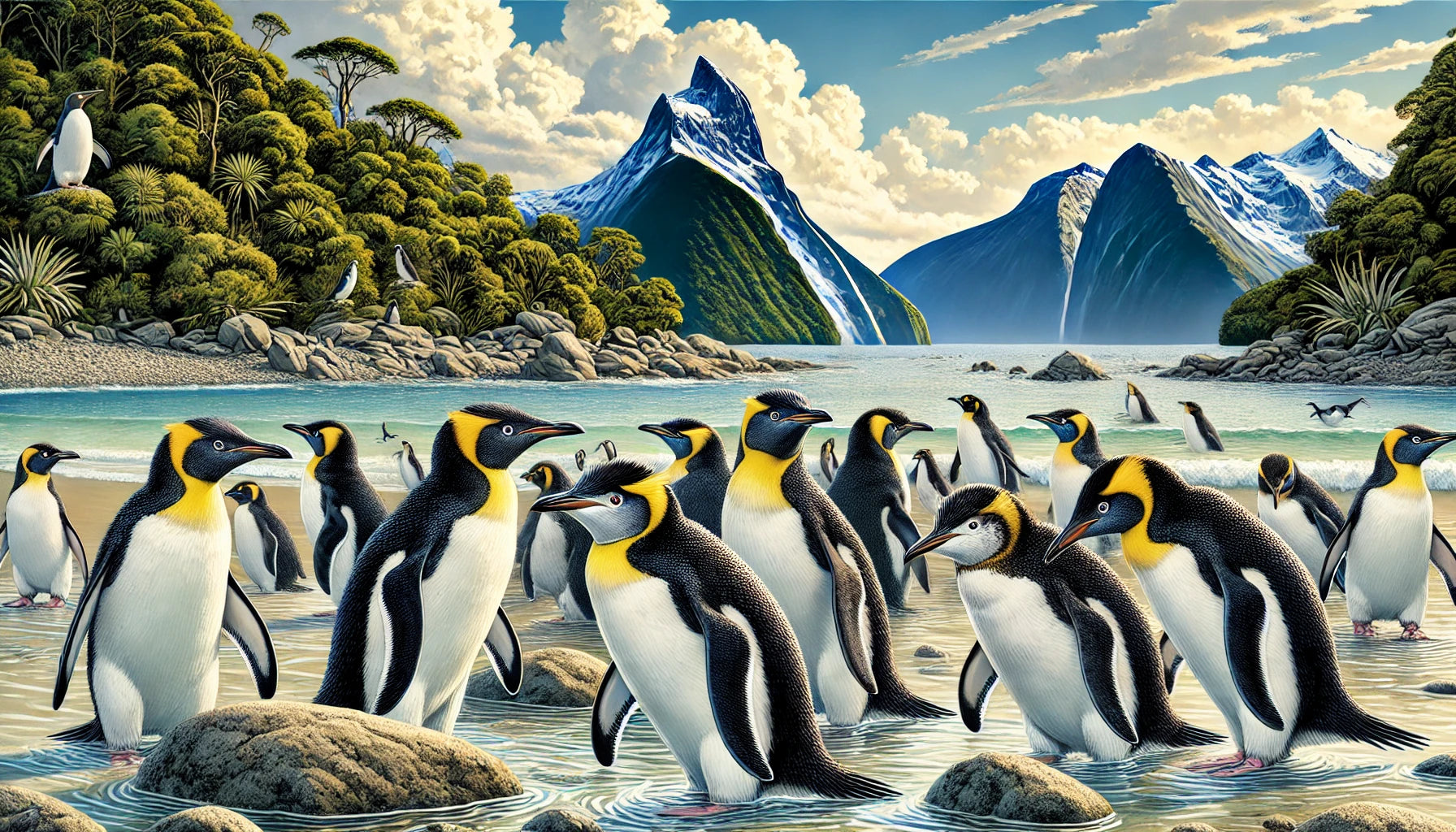 Illustration of several Fiordland Penguins in their natural New Zealand Fiordland habitat, featuring distinctive yellow crests, dark facial markings, and black-and-white plumage. 