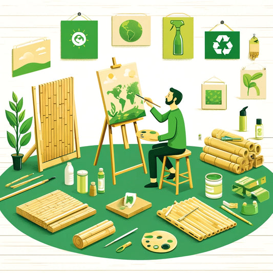 Artist using eco-friendly art supplies including bamboo canvases and recycled fabrics in a green studio, illustrating sustainable practices in art