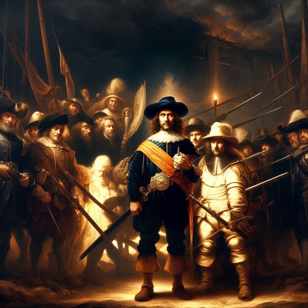 A detailed and dramatic painting inspired by "The Night Watch" by Rembrandt van Rijn, featuring a large group of militia members. 