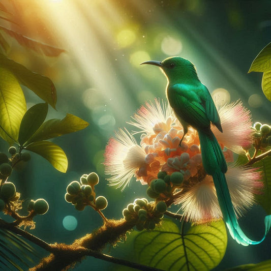 A stunning green tropical bird perched on a branch adorned with vibrant, fluffy pink and white flowers.