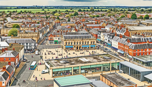 Detailed view of Rugby, UK, showcasing its historic market square, modern shopping centers, and iconic landmarks like Rugby School and the Rugby Art Gallery and Museum. 
