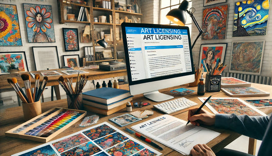 An artist’s workspace focusing on art licensing. The scene includes a desk with a computer displaying an email conversation with a potential licensee.