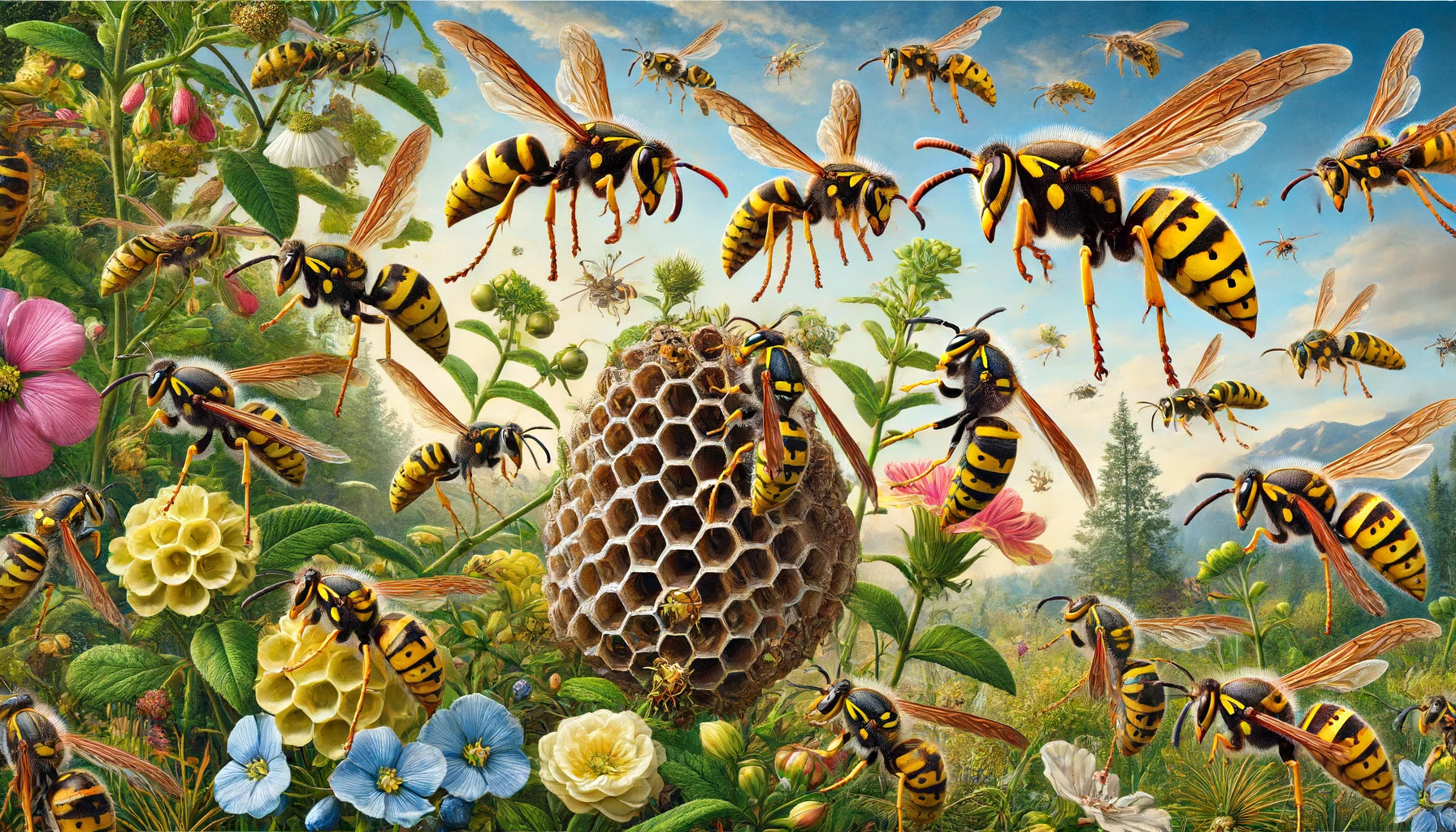 vibrant scene featuring various wasp species in their natural habitat. The image showcases yellowjackets, paper wasps, and hornets flying, feeding on nectar from flowers, and building their nests in a lush garden