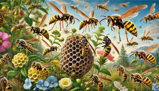 vibrant scene featuring various wasp species in their natural habitat. The image showcases yellowjackets, paper wasps, and hornets flying, feeding on nectar from flowers, and building their nests in a lush garden