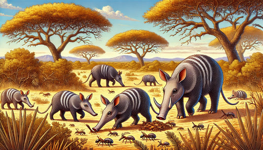 Illustration of several aardvarks foraging for ants and termites in a savanna landscape. The scene includes sandy soil, sparse trees, and grasses, with a clear sky in the background.