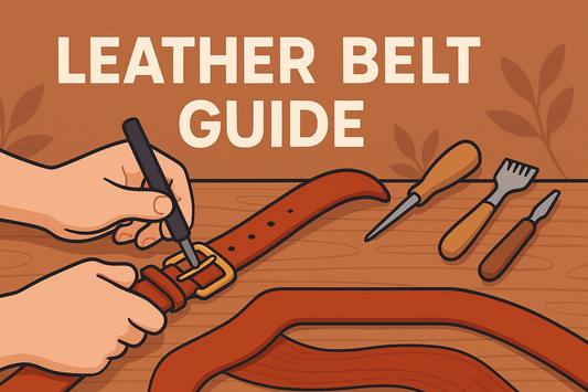 A digital illustration titled “Leather Belt Guide” featuring hands crafting a reddish-brown leather belt with a brass buckle. 
