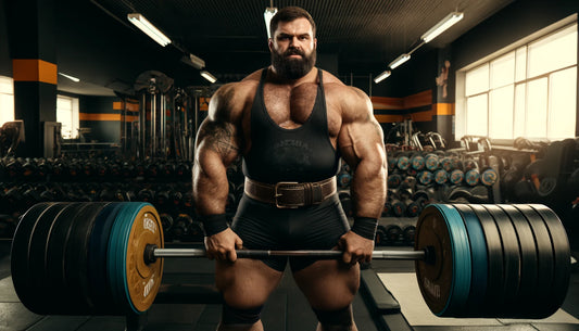 Eddie Hall’s intense focus and dedication to fitness as he lifts a massive barbell, showcasing his muscular build and strength. The gym background includes various equipment like dumbbells, benches, and weight racks.