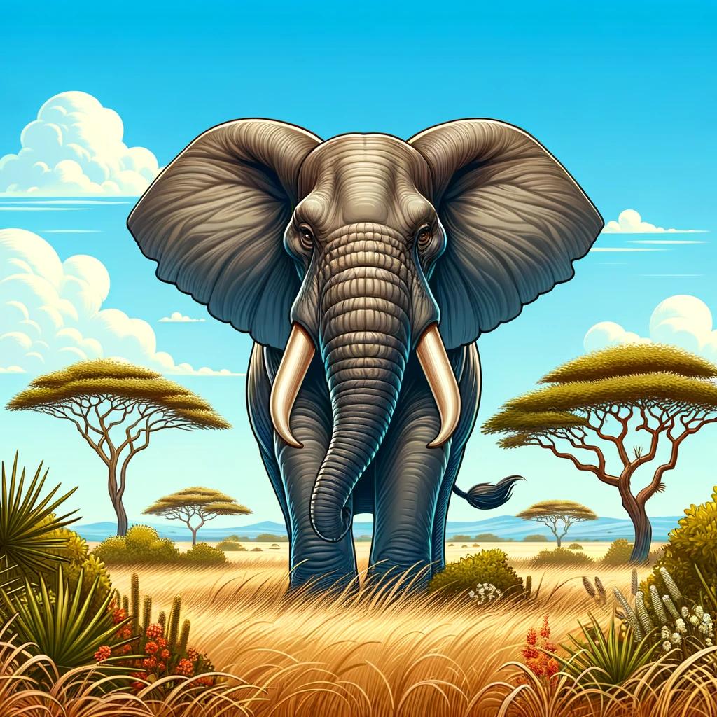 Illustration of a gray elephant with large ivory tusks standing in a savanna with tall yellow grass and acacia trees.