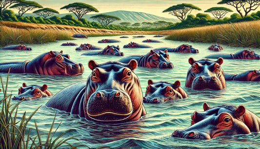 Illustration of several hippopotamuses partially submerged in a river, with their large heads and nostrils visible above the water.