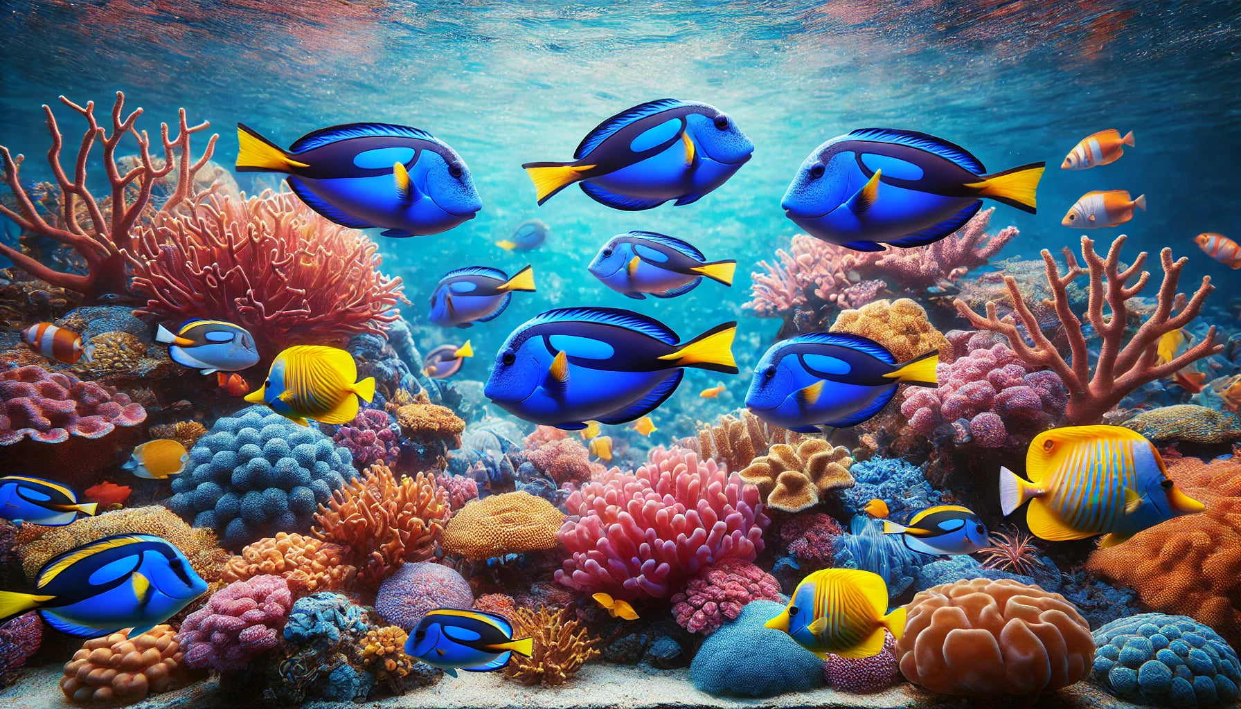 A group of Blue Tang fish swimming gracefully in a clear coral reef environment. The image features Blue Tang fish with their bright blue bodies and yellow tails, amidst colorful coral formations. 