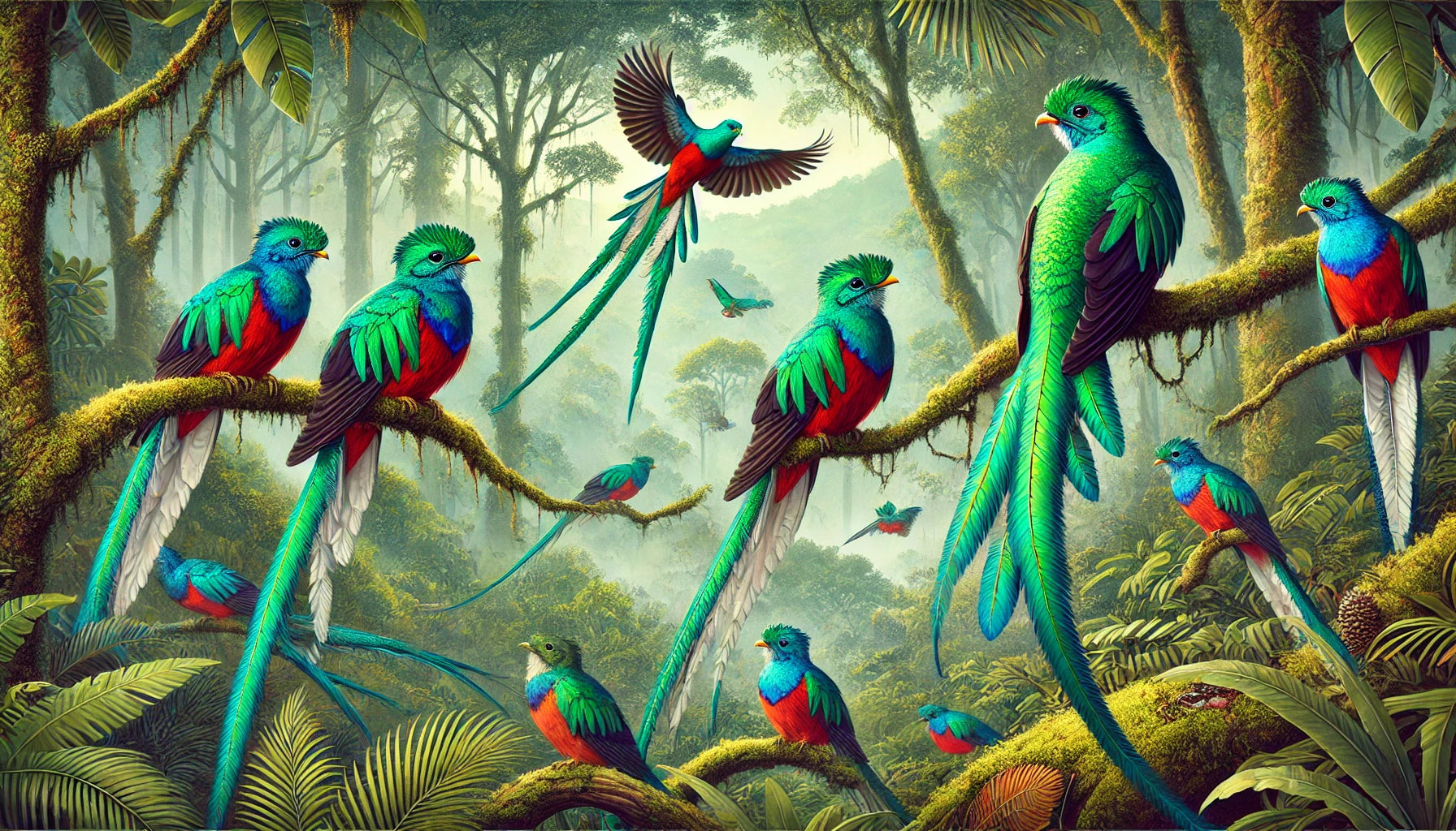 Illustration of several quetzals in their natural cloud forest habitat, featuring striking iridescent green and blue plumage, bright red bellies, and long tail feathers. 
