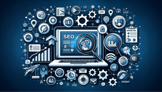 Detailed illustration of eCommerce SEO strategies, featuring a laptop with charts and graphs, a magnifying glass highlighting keywords, and icons representing technical SEO.