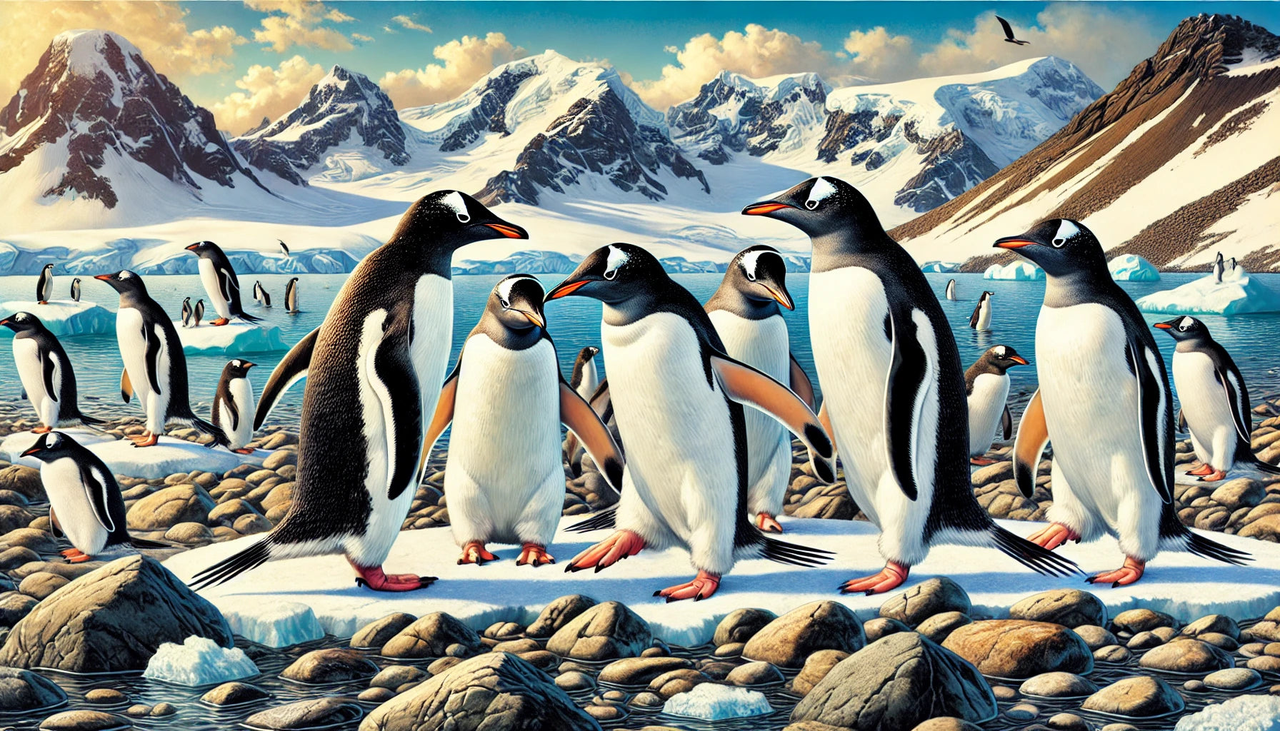 Illustration of several Gentoo Penguins in their natural Antarctic and sub-Antarctic habitat, featuring distinctive white headbands, black backs, and white bellies. 