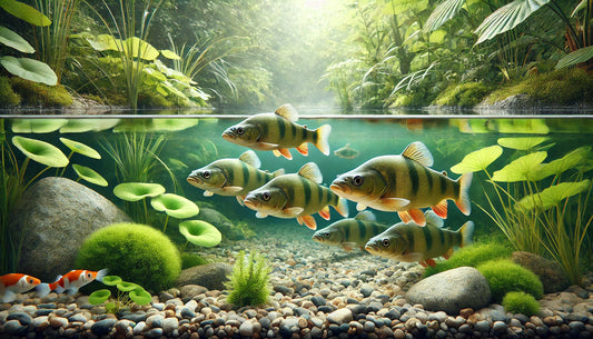 A group of tench fish swimming in a clear freshwater pond surrounded by aquatic plants and rocks. The image features tench with their distinctive olive-green coloration and rounded fins. 