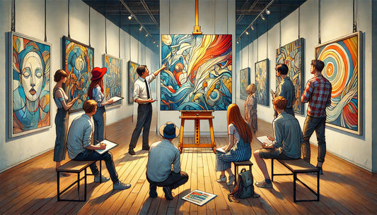 A detailed scene of an art critique session in a gallery setting. Art students and a professional critic are gathered around a large painting on an easel.