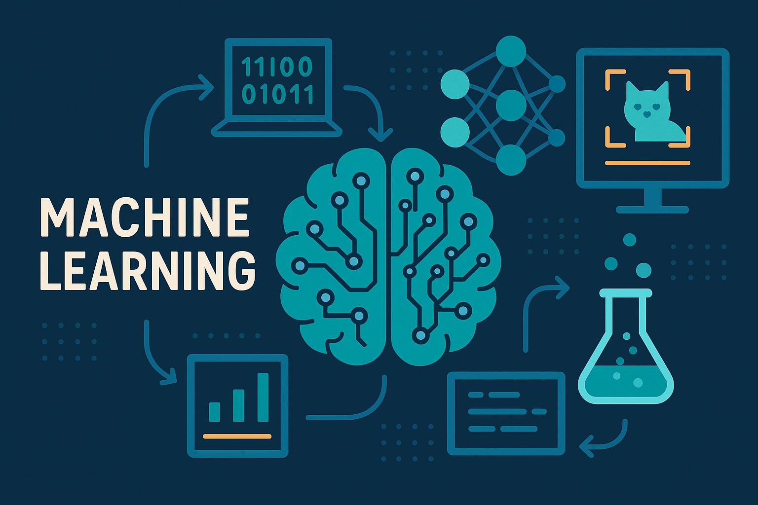 A flat-style digital illustration visually representing machine learning, featuring a central brain made of circuitry surrounded by icons of a neural network, binary code, a chart, a beaker, a computer screen with a cat image, and data flow arrows.