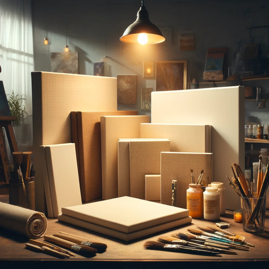 An artist's studio with various sizes of blank canvases stacked together, paintbrushes, and painting supplies on a wooden table, illuminated by a hanging lamp in a cozy, warm setting