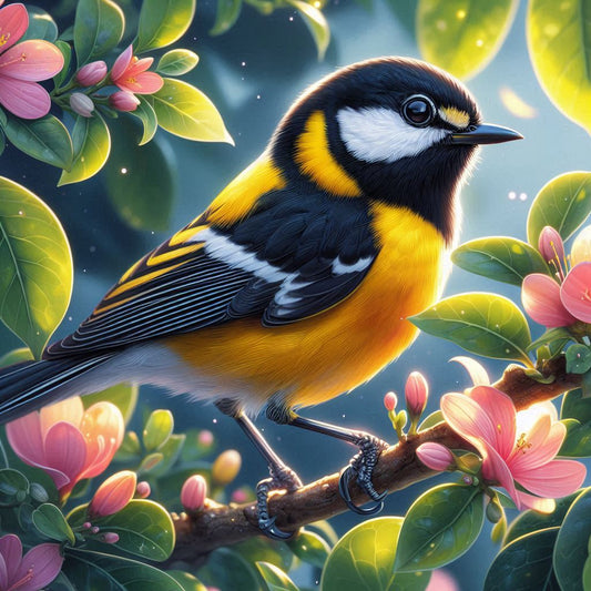 A vibrant Bananaquit (Coereba flaveola) perched on a tree branch surrounded by lush green leaves and pink tropical flowers. 