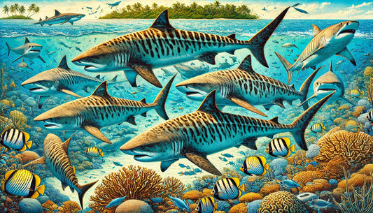 Illustration of several tiger sharks swimming in clear blue tropical waters. The sharks are depicted with their distinctive dark vertical stripes visible. 