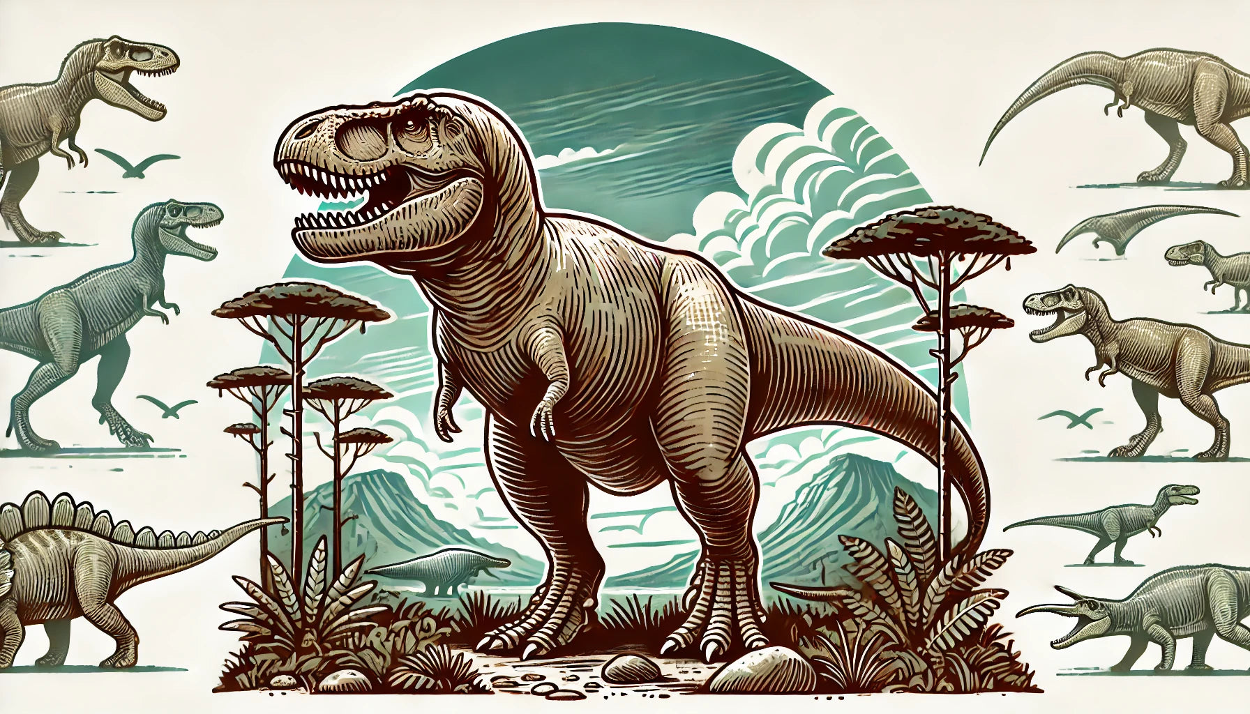 illustration of a Tyrannosaurus Rex standing in a prehistoric landscape. The T. rex is depicted with its characteristic features in a lush forest environment.