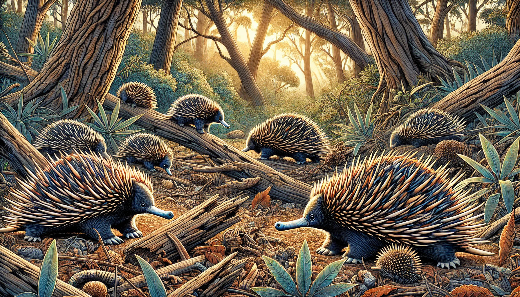 Illustration of several echidnas foraging and resting in a forested area with leaf litter and decaying wood. The scene includes trees, underbrush, and sunlight filtering through the canopy.
