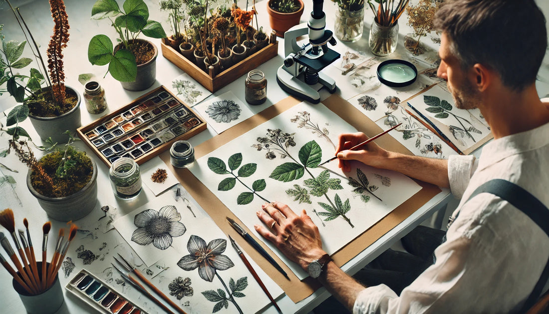 An artist creating a detailed botanical illustration in a well-lit studio. The artist is seated at a desk surrounded by various plants and flowers, using fine brushes and watercolor paints to capture intricate details of a plant.