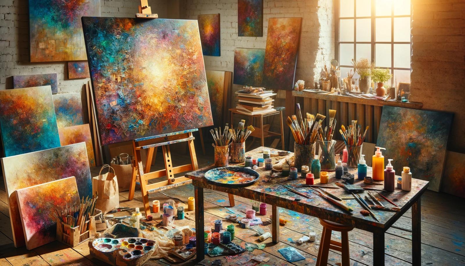 Sunlit artist studio with colorful abstract canvases, brushes, paint jars, and a worktable covered in palette swatches.