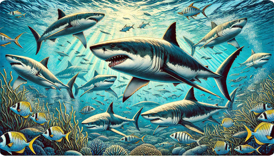 Illustration of several great white sharks swimming in clear blue ocean waters. The sharks are depicted with their large size and sharp teeth visible. 