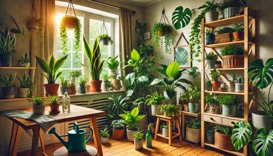 A cozy indoor space filled with a variety of thriving indoor plants, including popular species like snake plants, pothos, and peace lilies.