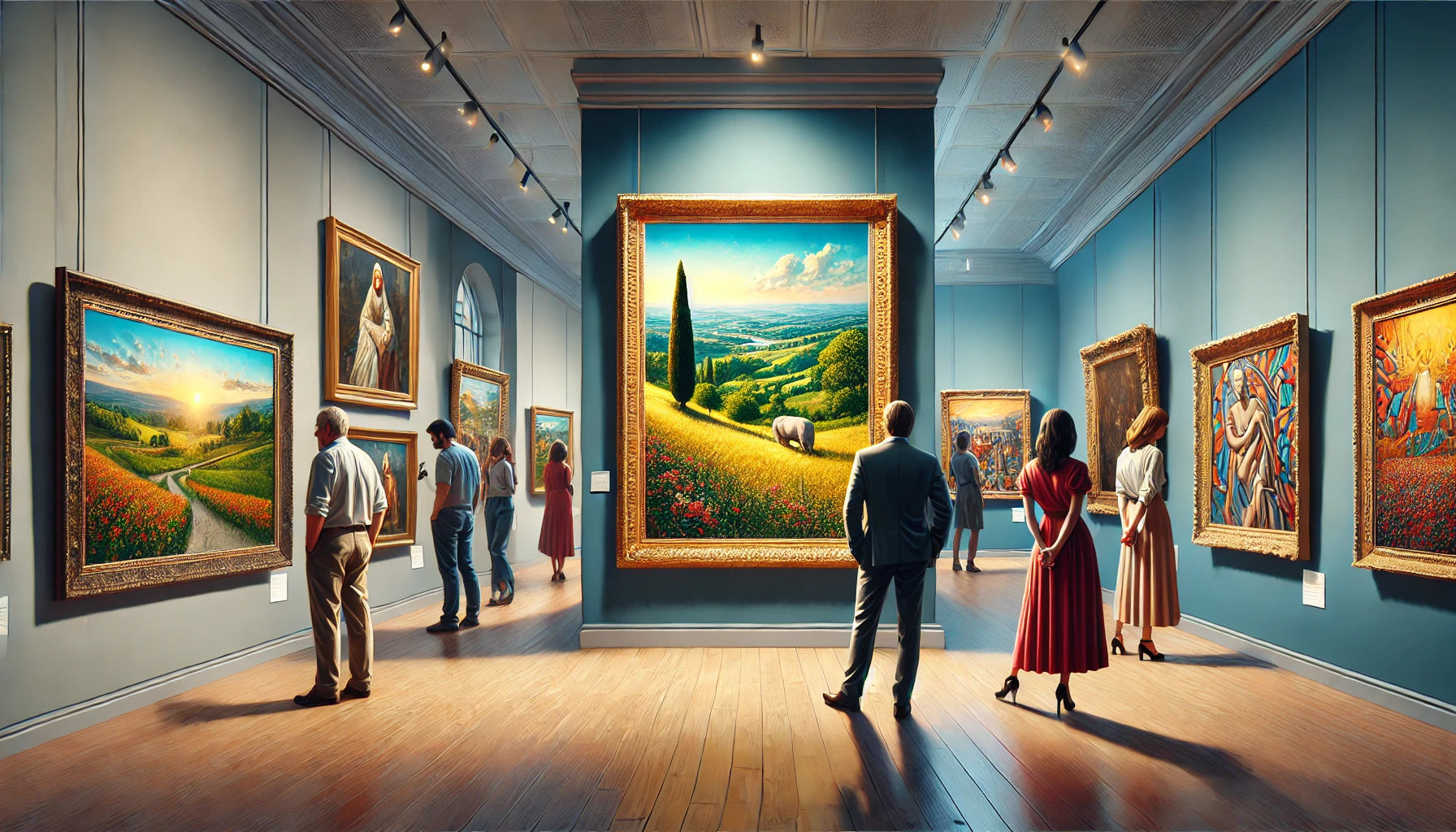 A detailed scene of an art gallery showcasing both realist and abstract paintings. On one side, a realistic painting of a serene countryside landscape with meticulous details and lifelike colors. 