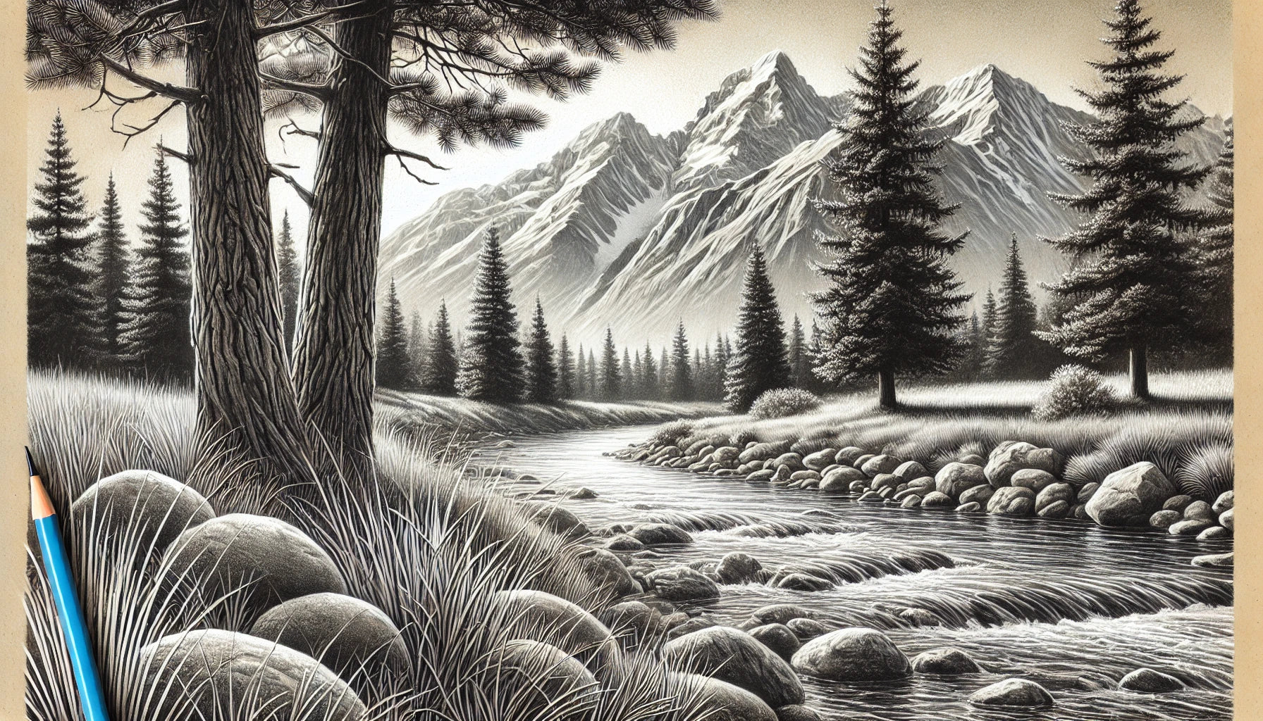 A detailed landscape drawing showcasing a serene nature scene with mountains, trees, a flowing river, and a clear sky. The drawing includes realistic textures, shading, and perspective to create depth and dimension. 