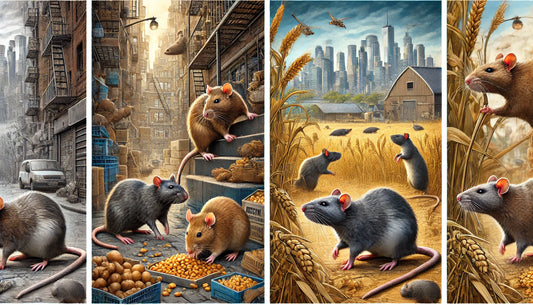 a detailed scene of rats in their natural urban and rural habitats. It showcases their adaptability and resilience in diverse environments. 