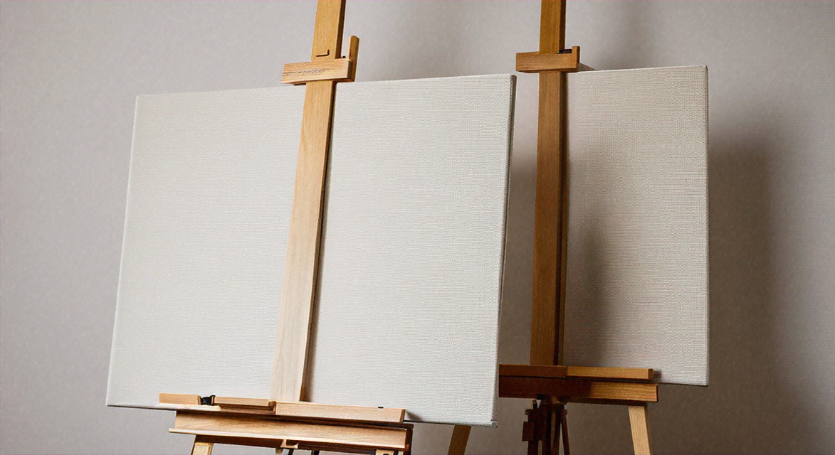Two blank white canvases mounted on wooden easels indoors, side by side.
