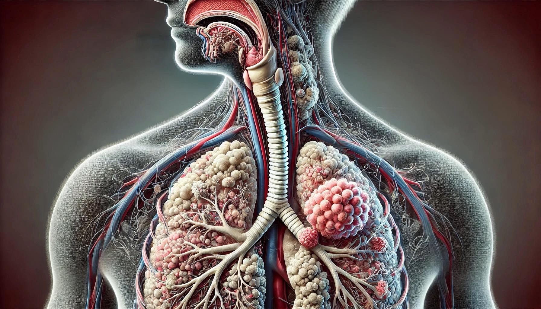 medical illustration of the human respiratory system showing the effects of asthma.