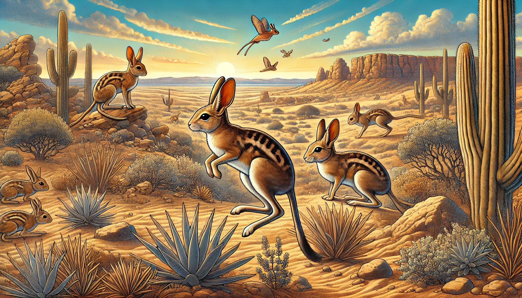 Illustration of several jerboas foraging and jumping on sandy and rocky terrain with sparse vegetation in their natural desert habitat. The scene includes a clear blue sky and a setting sun.
