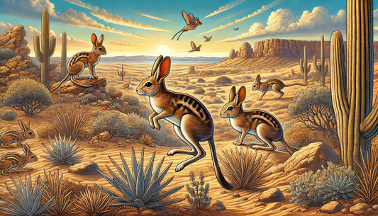 Illustration of several jerboas foraging and jumping on sandy and rocky terrain with sparse vegetation in their natural desert habitat. The scene includes a clear blue sky and a setting sun.