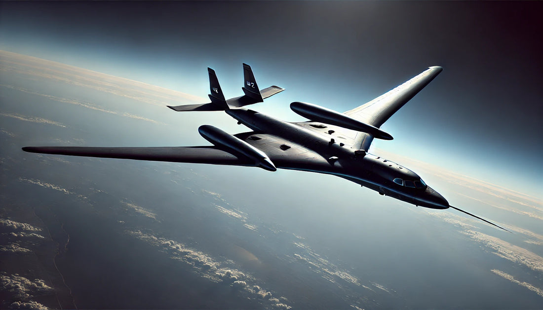 the Lockheed U-2, a high-altitude surveillance aircraft, flying during a mission. The aircraft is captured from a side angle, emphasizing its long, slender wings and sleek black fuselage against a clear blue sky.