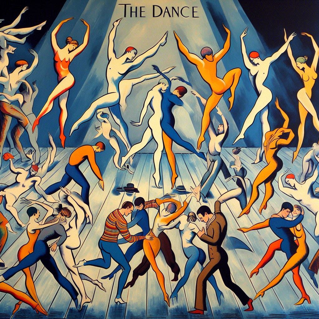 A colorful painting depicting multiple dancing figures in various dynamic poses, with the title “The Dance” written at the top.