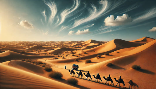 A stunning view of the Thar Desert featuring vast golden sand dunes under a clear blue sky. A camel caravan led by local tribesmen traverses the dunes, capturing the essence of traditional life in the desert. 