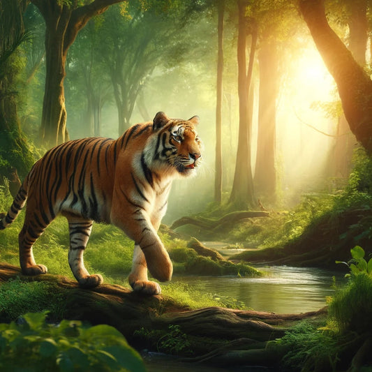 Adult tiger with orange fur and black stripes walks along a mossy log beside a sunlit forest stream.