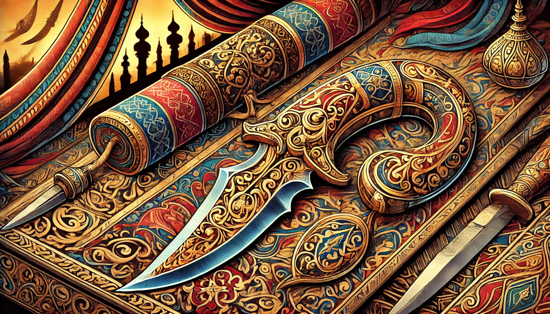 A detailed and vibrant illustration of a Haladie, the traditional Indian double-edged dagger. The image showcases the Haladie’s distinctive dual curved blades, central handle, and intricate gold inlay and engravings. 