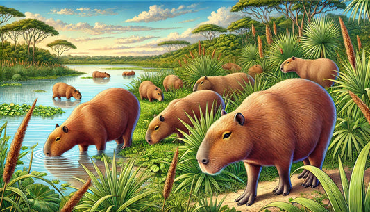 Illustration of several capybaras grazing and resting near a body of water in a lush wetland environment. The scene includes tall grasses, aquatic plants, and a clear sky.