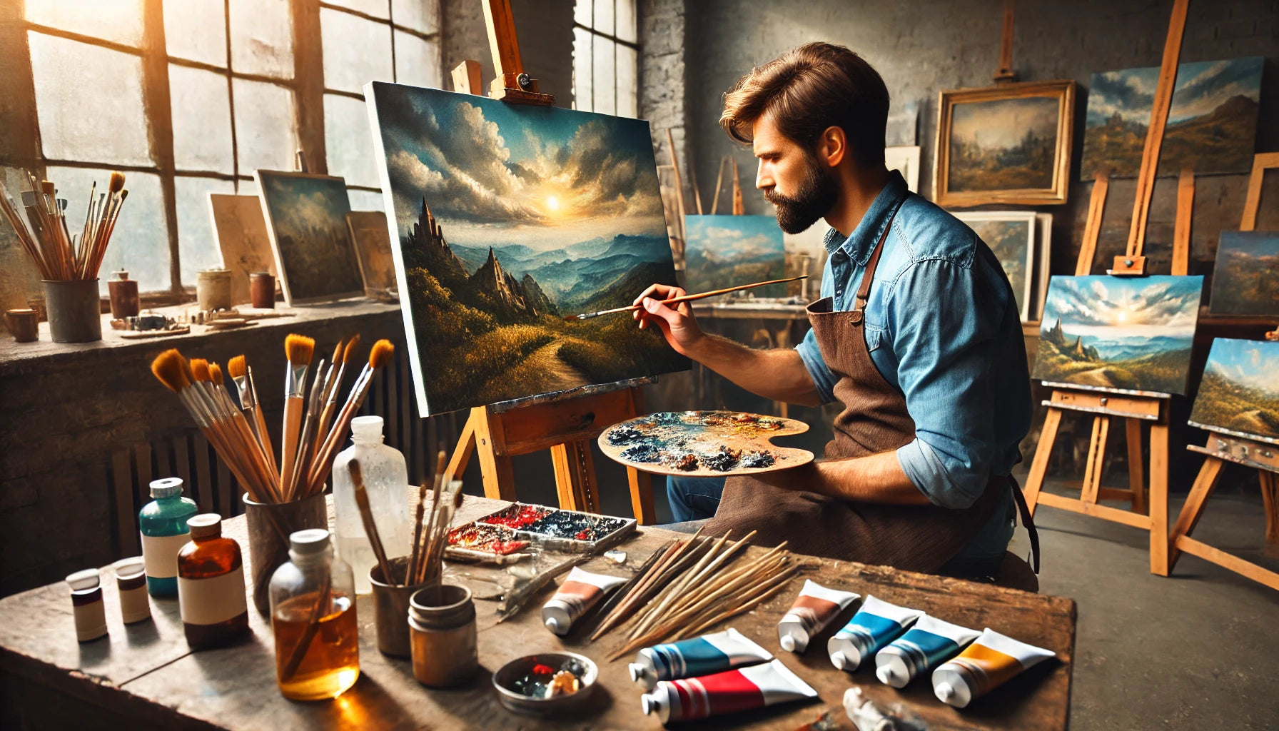An artist painting a landscape using oil paints in a well-lit studio. The artist is focused, holding a brush and palette, and working on a canvas mounted on an easel. 