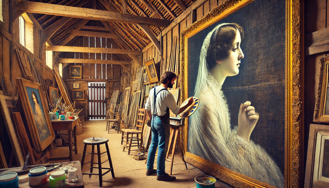 An artist in a rustic barn painting a detailed version of “Whistler’s Mother” by James McNeill Whistler on a large wall.