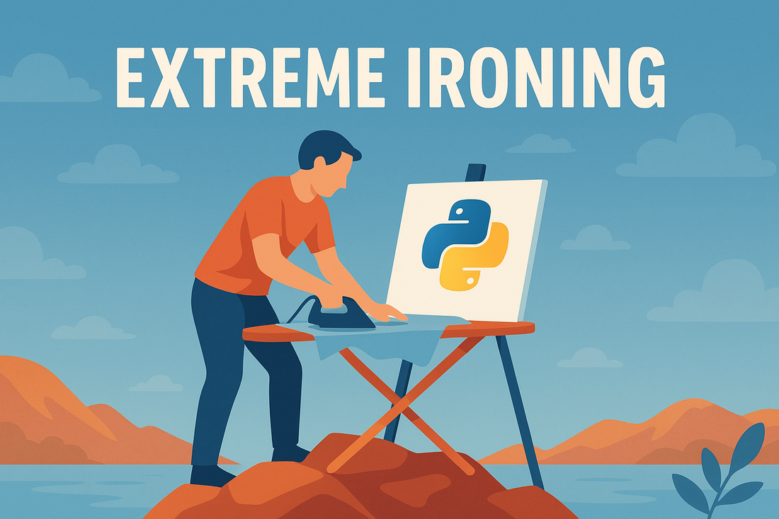 A digital illustration titled “Extreme Ironing” showing a person standing on top of a rocky mountain peak under a bright blue sky. The individual is ironing a piece of clothing on an orange ironing board