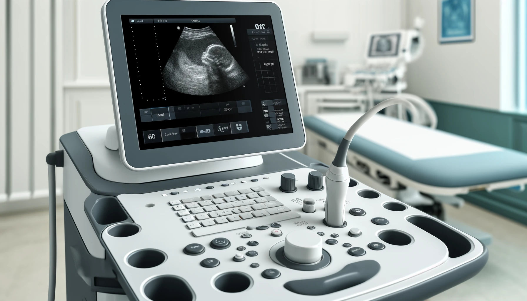 a modern ultrasound machine in a medical setting. The machine features a digital display screen showing a real-time ultrasound scan, control panel with various buttons and knobs, and a transducer probe.
