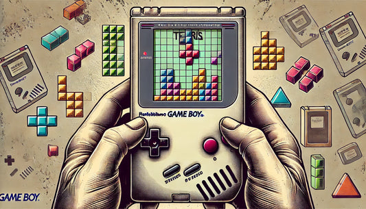 a vintage Game Boy held in a pair of hands, with the screen displaying the classic Tetris game in progress. Various colorful Tetromino shapes, including the I-Tetromino and T-Tetromino, are falling down the familiar grid on the screen.