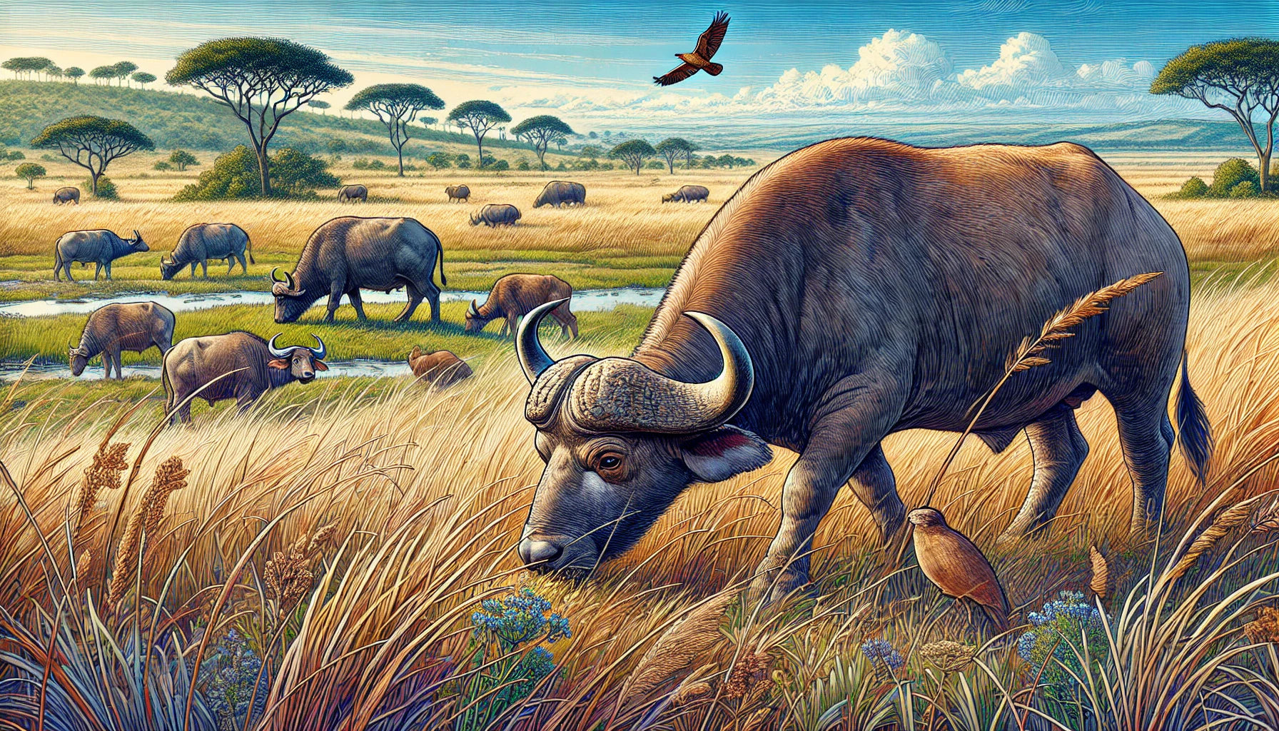 Illustration of several buffaloes grazing in a vast grassland under a clear blue sky. The buffaloes are depicted with their distinctive large horns and robust bodies. 